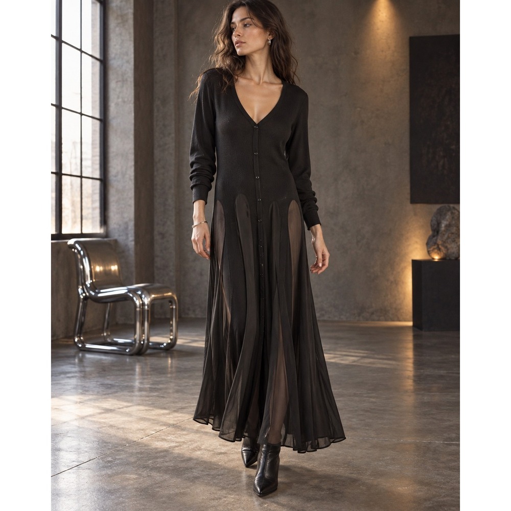 Black Ribbed Knit Button Down Maxi Dress Sheer Panel Whimsigoth Witchy Moody 90s